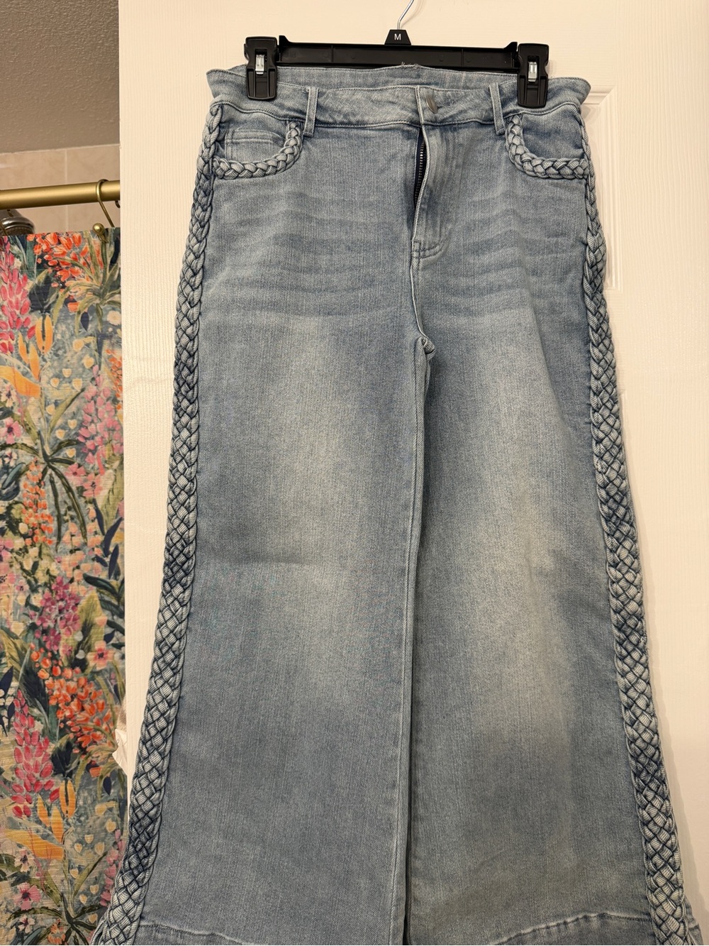 Light Wash Wide-Leg Jeans with Braided Side Trim